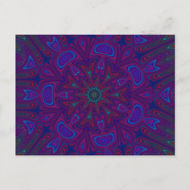 Postal Mandala con estrellas y corazones en morado, azul, (Anverso)