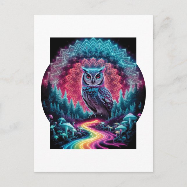 Postal Mandalá de Búho Psicodélico - Arte de Bosque Aluci (Anverso)