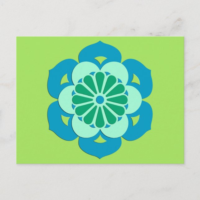 Postal Mandala de flores de Lotus, verde limón y azul cla (Anverso)