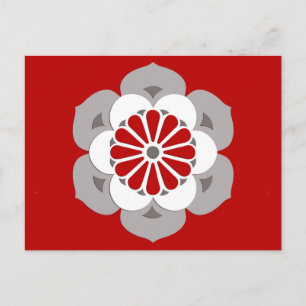 Postal Mandala de flores Lotus, rojo oscuro, gris y blanc