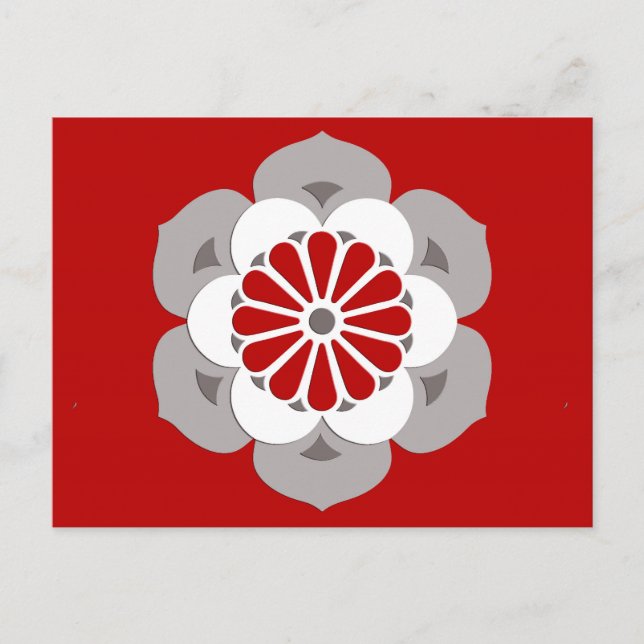 Postal Mandala de flores Lotus, rojo oscuro, gris y blanc (Anverso)