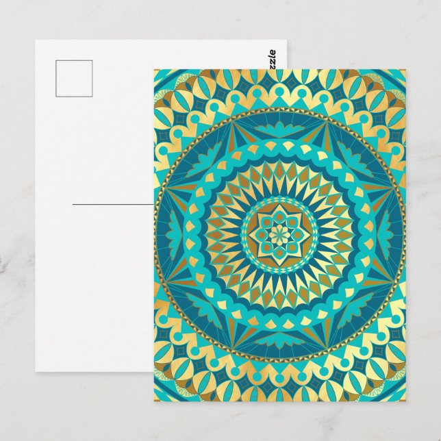 Postal Mandalá Fantasía Azul Dorado (Anverso / Reverso)