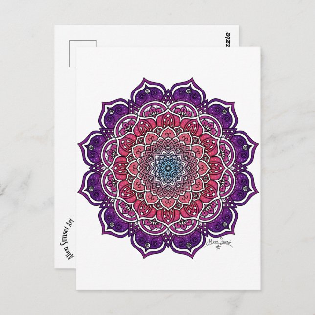 Postal Mandala floral morado-rosada (Anverso / Reverso)