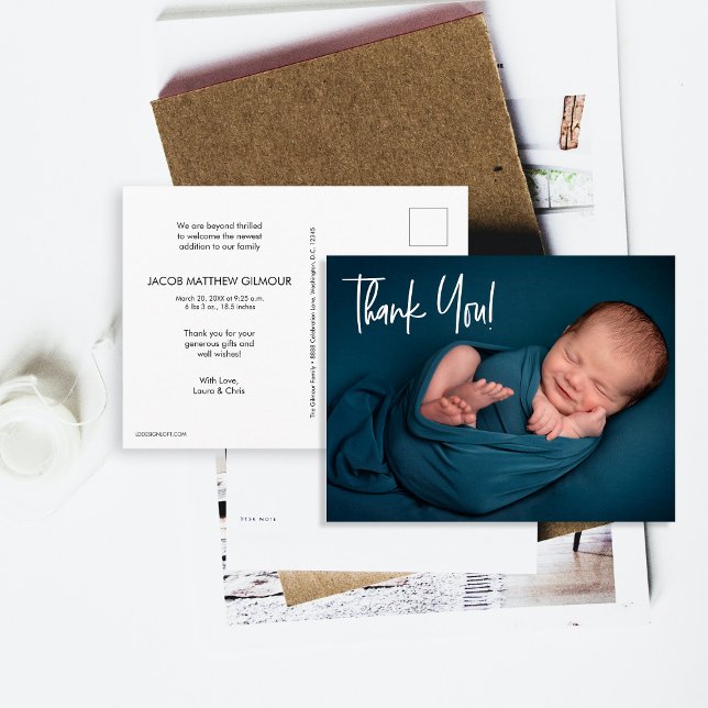 Postal Manejo Baby Boy Foto ducha bebé gracias (Baby thank you postcard with birth stats.)