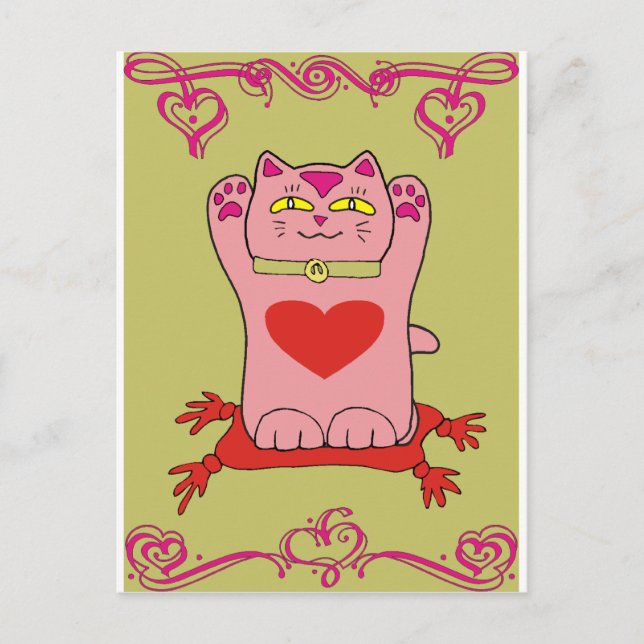Postal Maneki Neko gato rosa con corazón (Anverso)