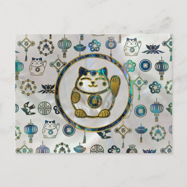 Postal Maneki Neko Lucky cat en perlas y abulón (Anverso)