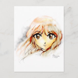Postal Manga Anime Chica boceto ojos grandes kawaii lindo
