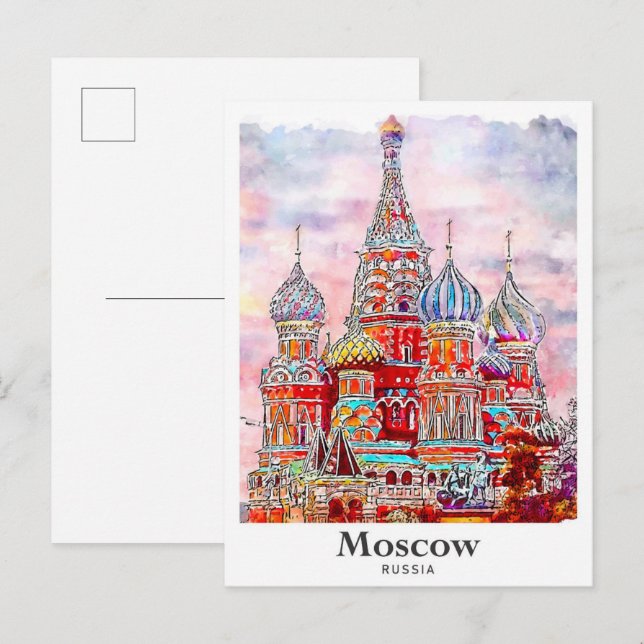 Postal Mano de acuarela de Moscú Rusia Dinamarca dibujada (Anverso / Reverso)