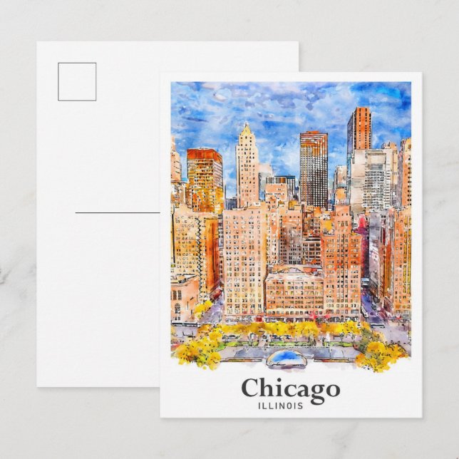 Postal Mano de acuarela de viaje de Chicago Illinois (Anverso / Reverso)