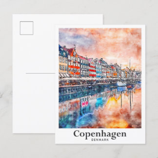 Postal Mano de dibujo de acuarela de Copenhague Dinamarca