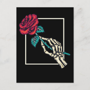 Postal Mano de esqueleto con rosa de la muerte floral rom