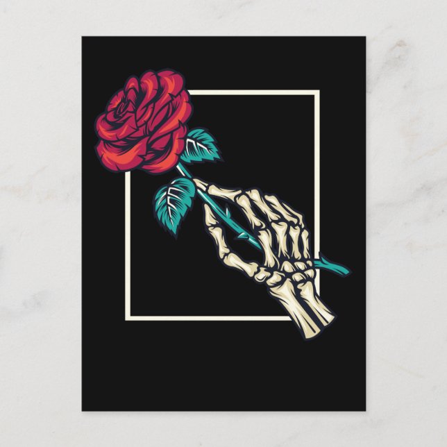Postal Mano de esqueleto con rosa de la muerte floral rom (Anverso)