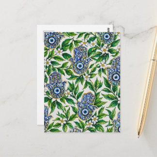 Postal Mano de Fátima Hamsa Azul con Patrón Floral