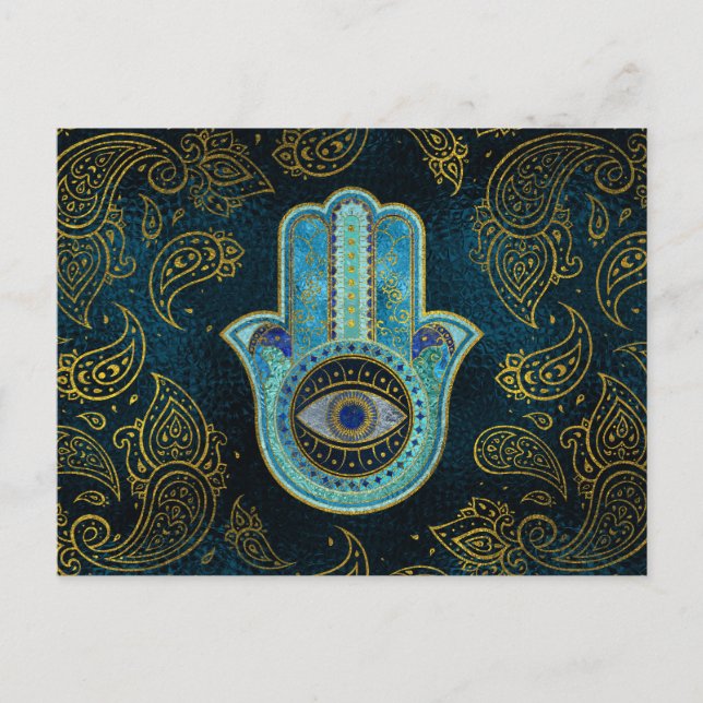 Postal Mano de Hamsa decorativa de fondo paisajista (Anverso)