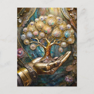 Postal Mano De Robot Dorado Sosteniendo Árbol De Vida Dor
