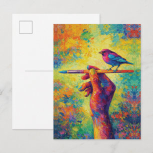 Postal Mano sosteniendo pincel con ave creativa