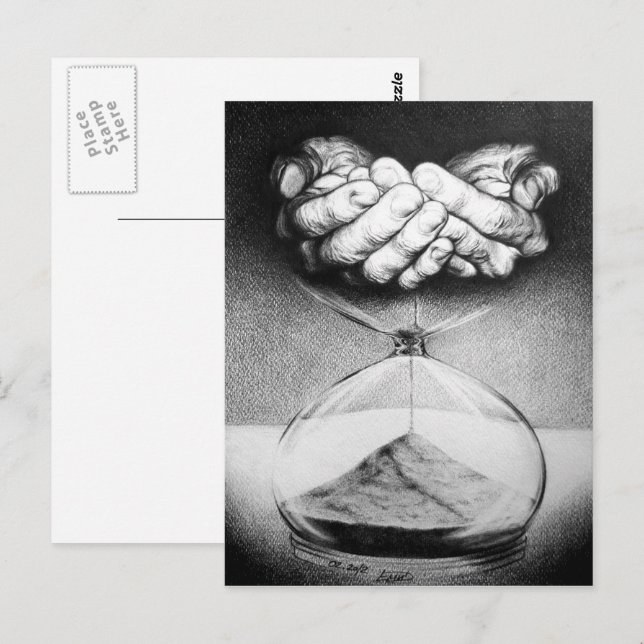 Postal Manos de reloj de arena Dibujo a lápiz Arte surrea (Anverso / Reverso)