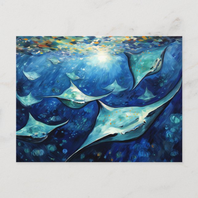Postal Manta Rays in Expressive Ocean Oil Painting (Anverso)