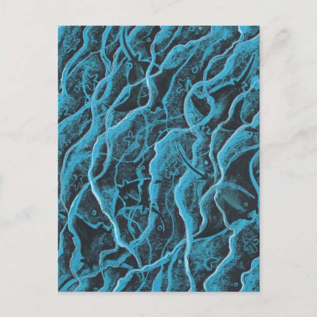 Postal Manta Rays Ocean Fish Animals Waves Blue Black Art (Anverso)