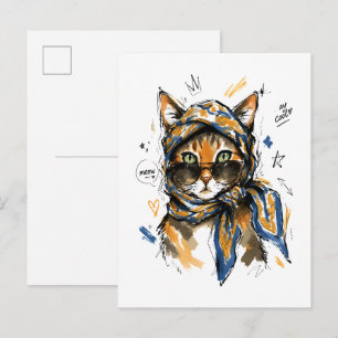 Postal Mantén la calma gato con gafas de sol y bufanda de