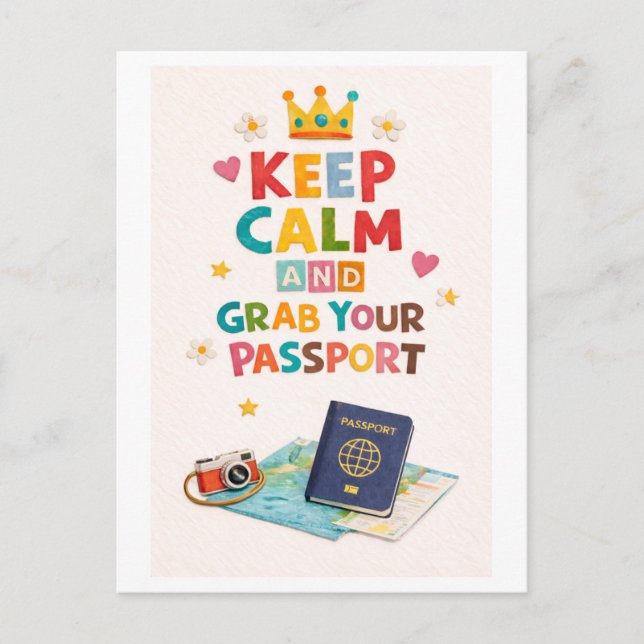 Postal "Mantén la calma y agarra tu pasaporte" (Anverso)