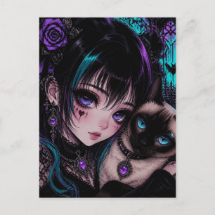 Postal Manteniéndose en Contacto   Chica Anime & Gato