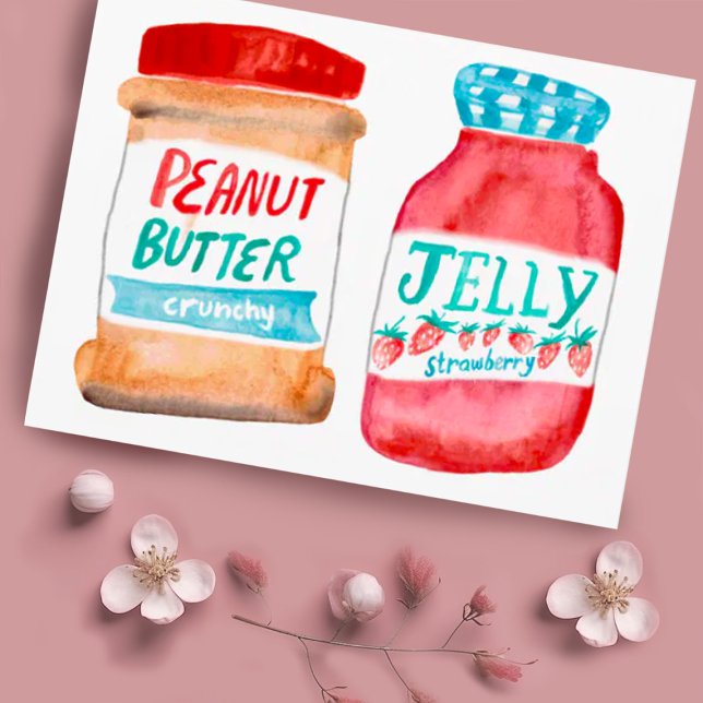 Postal Mantequilla de cacahuete y acuarela de gelatina (Cute watercolor peanut butter and jelly jars. Add your own text to this postcard!)