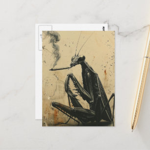 Postal Mantis fumando retro divertido colores surrealista