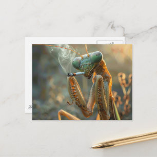 Postal Mantis religiosa surrealista fumando