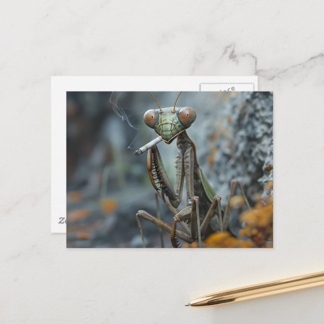 Postal Mantis religiosa surrealista fumando (Anverso/Reverso In Situ)