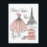 Postal Manzana silvestre | Estilo de la Semana de la Moda<br><div class="desc">Este elegante diseño ofrece un divertido guiño a la Semana de la Moda de París. Una alta costura que sale directamente de la pista de aterrizaje es la estrella del espectáculo en esta impresión de estilo vintage. Un paquete de regalos hermosamente envueltos y bonitos tachuelas rosas le dan un poco...</div>