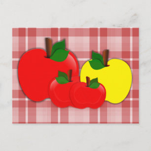 Postal Manzanas rojas y amarillas sobre cuadros rojos
