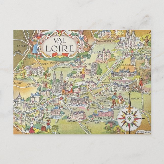 Postal Map of the Loire Valley of France Postcard (Anverso)