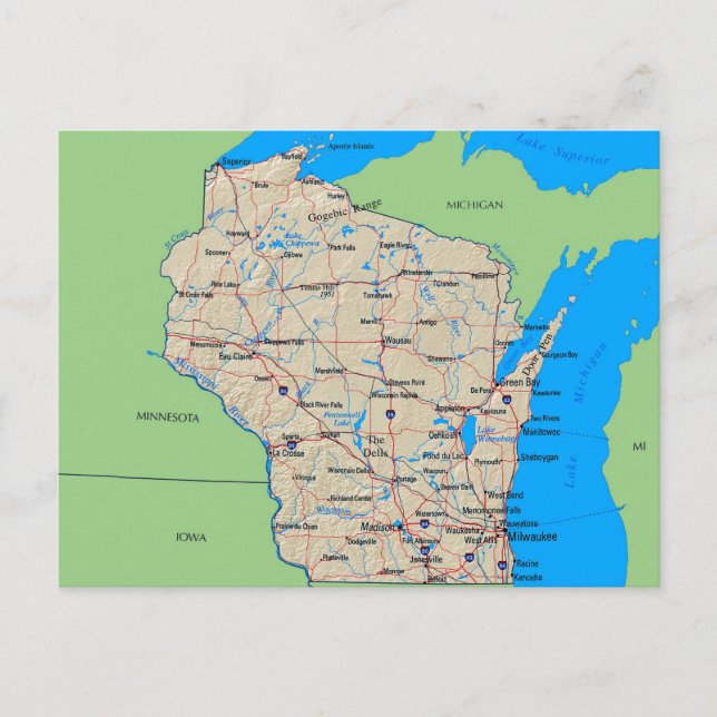 Postal Map of Wisconsin Post Cards (Green) (Anverso)