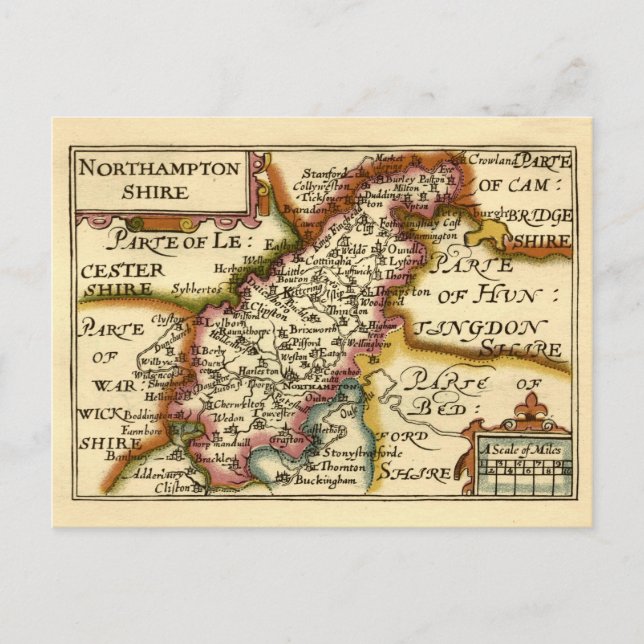 Postal Mapa anticuario del condado de Northamptonshire en (Anverso)