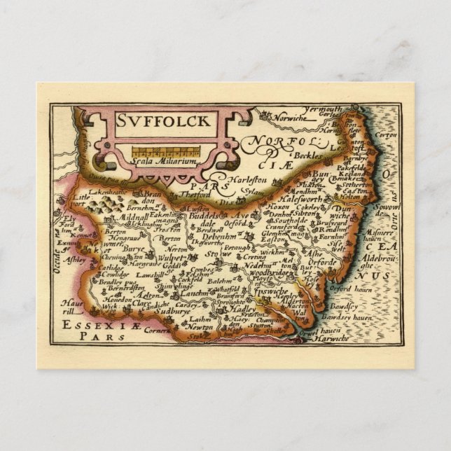 Postal Mapa anticuario del condado de Suffolk (Suffolck) (Anverso)