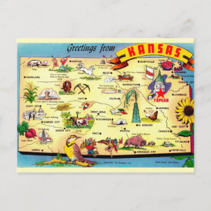 Postal Mapa Antiguo Colorido de Kansas 