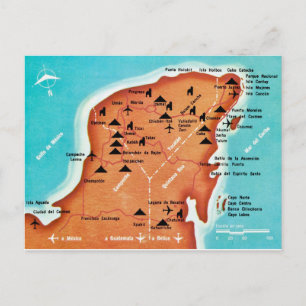 Postal Mapa Antiguo Colorido de Yucatán México 