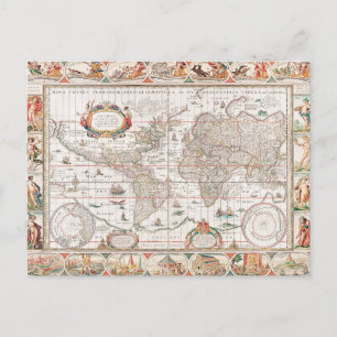 Postal Mapa Antiguo Colorido del Mundo