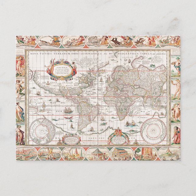 Postal Mapa Antiguo Colorido del Mundo (Anverso)