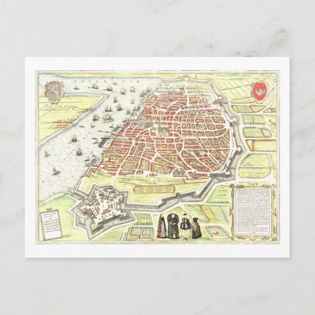 Postal Mapa Antiguo de Amberes, Bélgica, (Anverso)