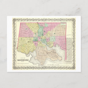 Postal Mapa antiguo de Baltimore, Maryland, 1856