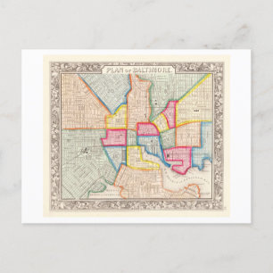 Postal Mapa antiguo de Baltimore, Maryland, 1867