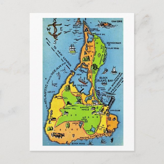 Postal Mapa antiguo de Block Island (Anverso)