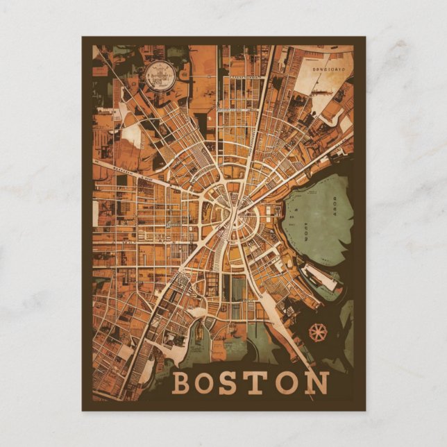 Postal Mapa Antiguo de Boston Massachusetts, Mapa de Bost (Anverso)