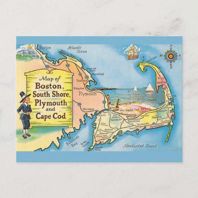 Postal Mapa Antiguo de Cape Cod (Anverso)