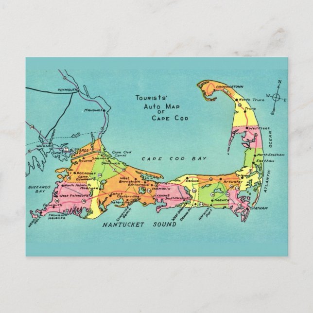 Postal Mapa antiguo de Cape Cod (Anverso)