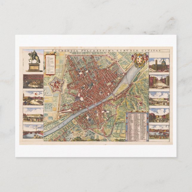 Postal Mapa antiguo de Florencia, Italia, de 1660 (Anverso)