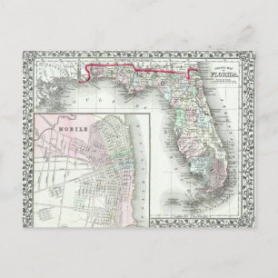 Postal Mapa antiguo de Florida & Mobile, Alabama