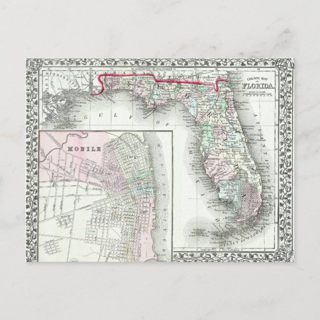 Postal Mapa antiguo de Florida & Mobile, Alabama (Anverso)